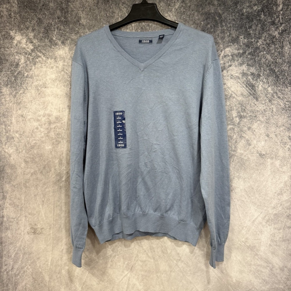 IZOD Men's V-Neck Sweater Large Blue Cotton Wool Blend Long Sleeve
